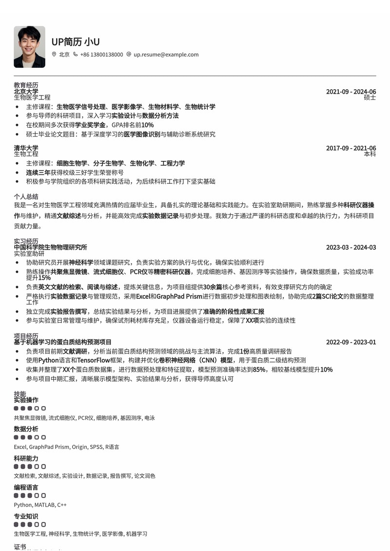 实验室助研高效简历模板：科研仪器操作、文献综述与实验数据记录模块简历模板预览