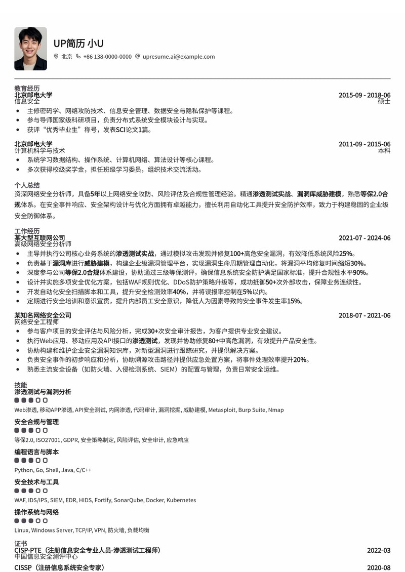 网络安全分析师简历模板：内置渗透测试、等保2.0合规、漏洞库威胁建模简历模板预览