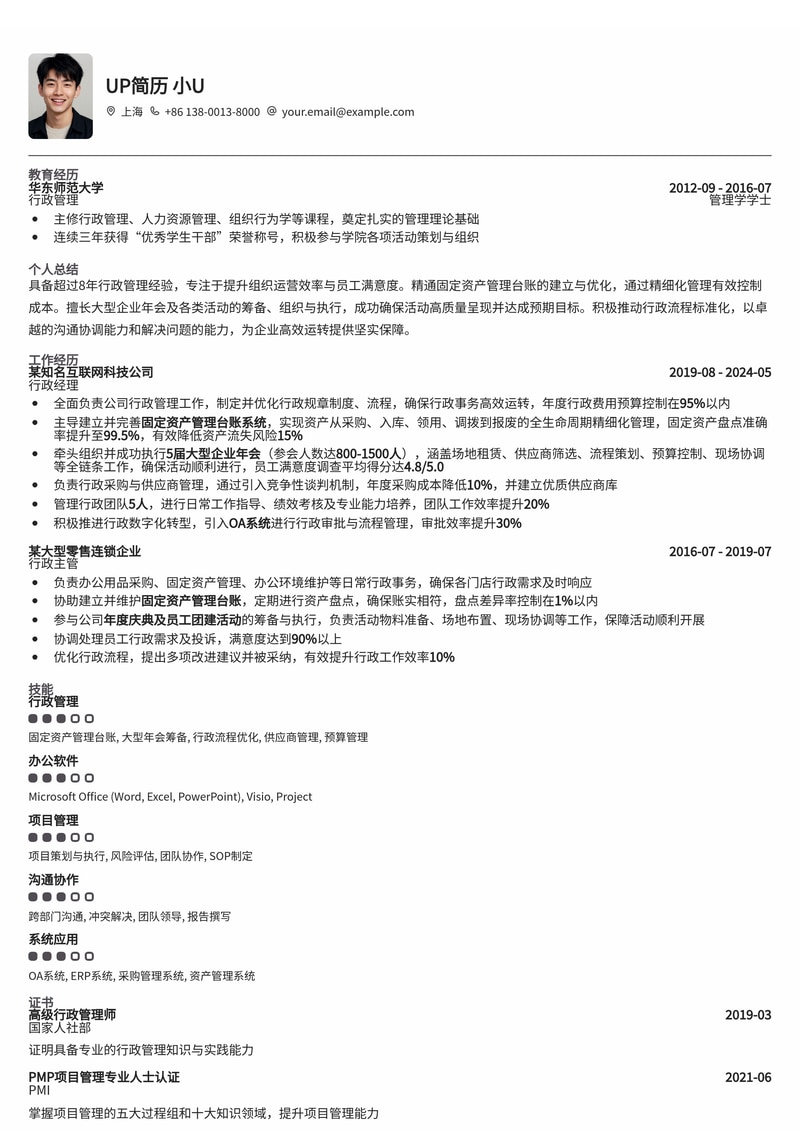 行政经理简历模板:精通固定资产管理与大型年会筹备执行简历模板预览