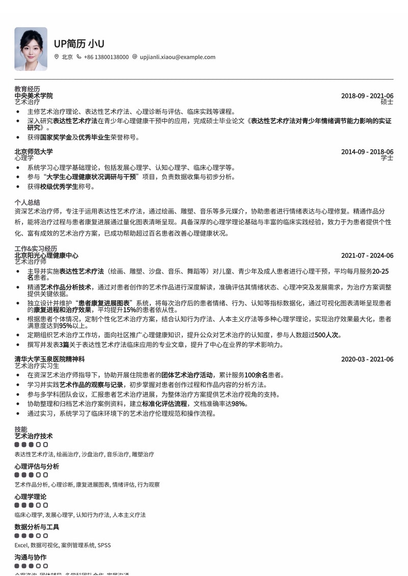 艺术治疗师简历模板：深度剖析表达性艺术与患者康复的专业呈现简历模板预览