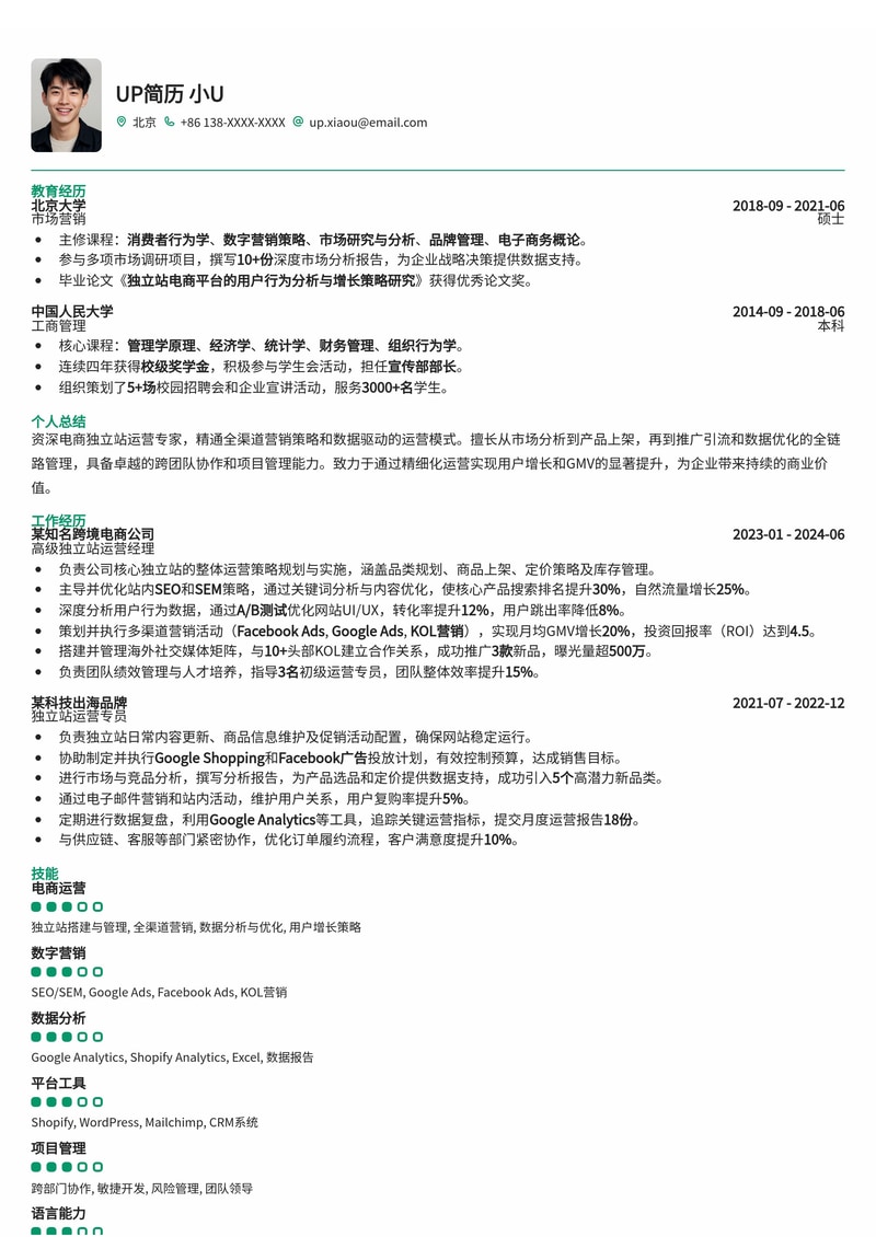 独立站运营简历模板：电商独立站运营简历模板预览