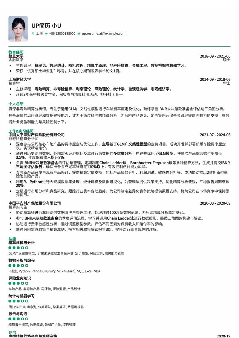 非寿险精算分析师GLM车险费率厘定及IBNR评估报告简历模板简历模板预览