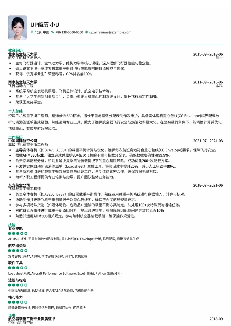 飞机载重平衡工程师(W&B Eng.)专业简历模板:AHM560干重/指数分配表与宽体客机重心包线(CG Envelope)临界配载离港签派单简历模板预览