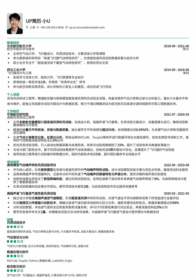风洞测试工程师简历模板:超音速气动力测量与天平校准专家简历模板预览