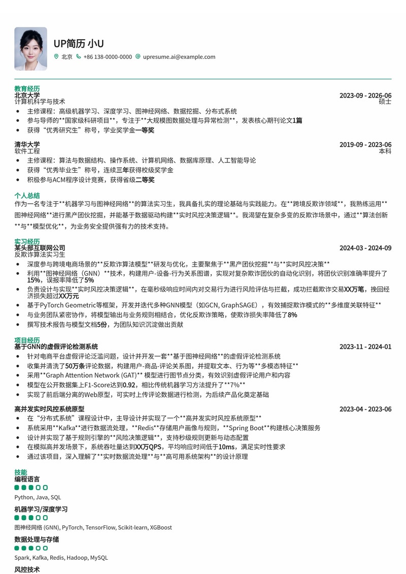 【跨境反欺诈算法实习】图神经网络建模与实时风控决策简历模板简历模板预览
