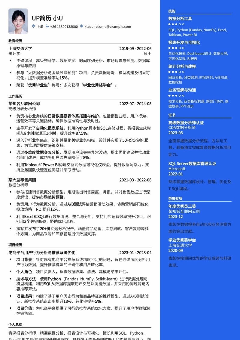 专业数据洞察：报表分析师高效简历模板简历模板预览
