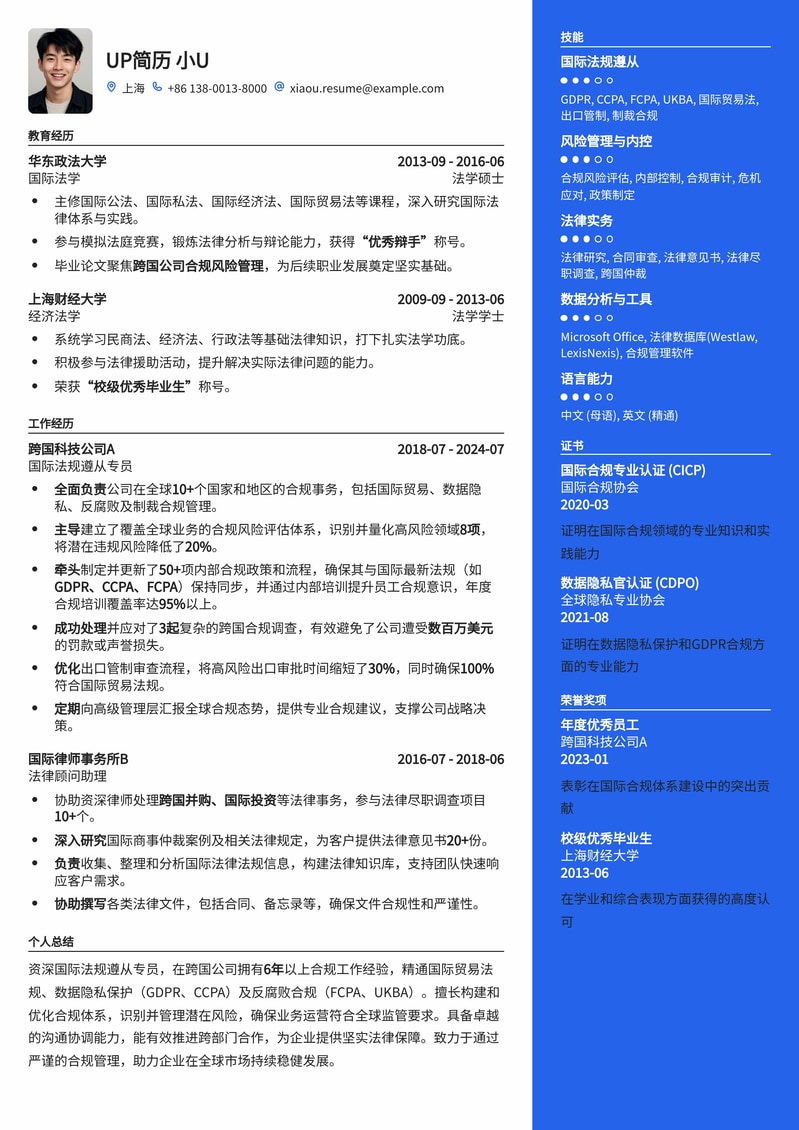 国际法规遵从专员专业简历模板：助您驰骋全球合规领域简历模板预览