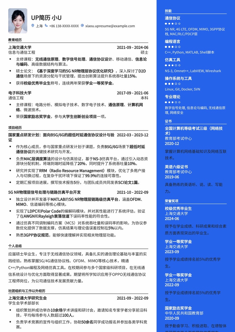 OPPO无线通信协议工程师(应届生)高分简历模板简历模板预览