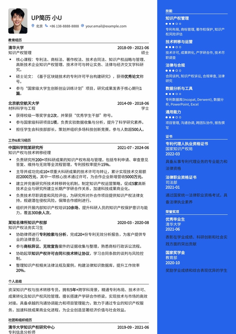 知识产权与技术转移专员简历模板:助您高效链接创新与商业简历模板预览