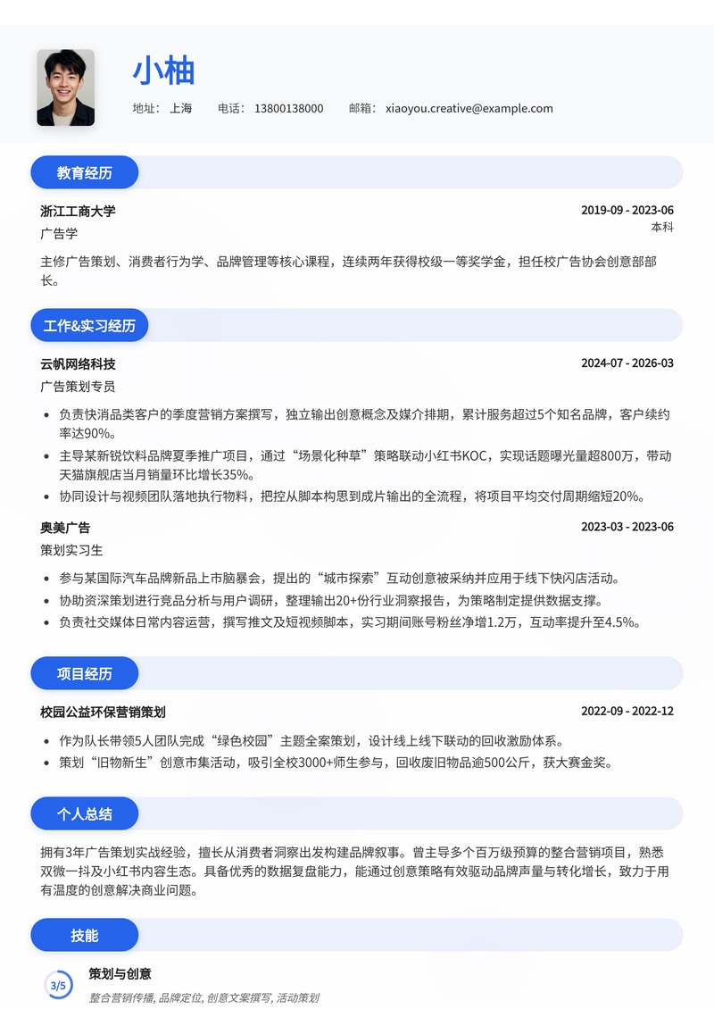 广告策划专员简历模板 - 专业创意求职范例