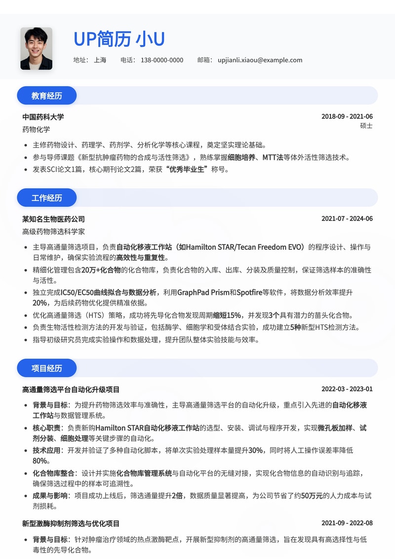 高通量药物筛选简历模板：自动化移液、化合物管理与IC50曲线拟合专家简历模板预览