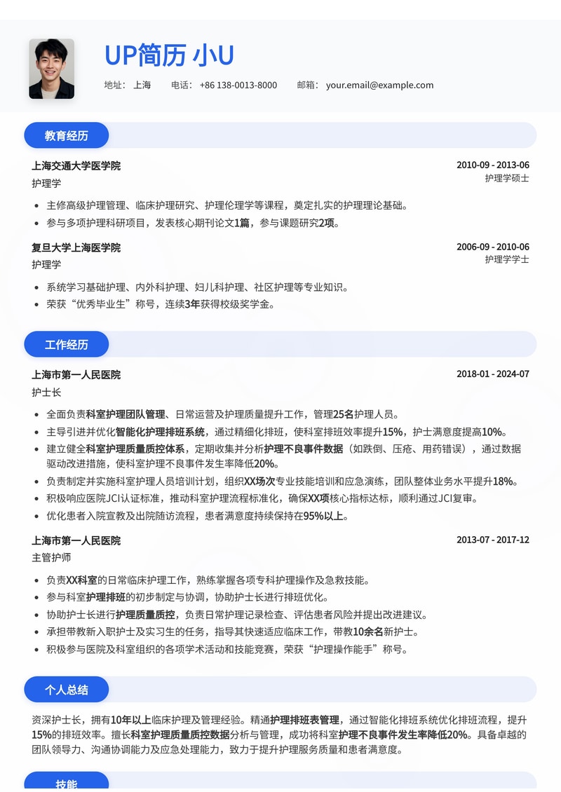 护士长专业简历模板：精通护理排班管理与科室质控数据分析简历模板预览