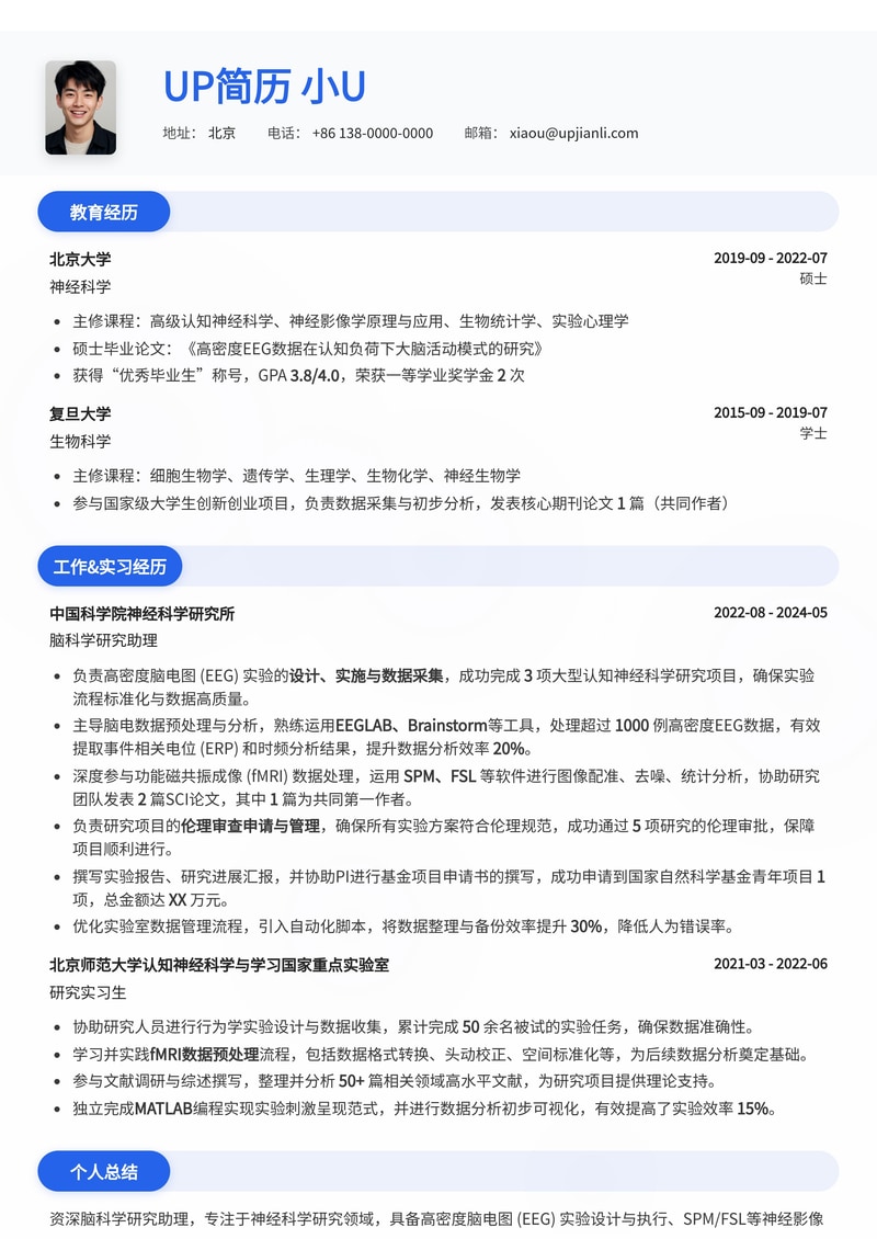 脑科学研究助理简历模板：高密度脑电图、SPM/FSL数据处理与伦理审查模块简历模板预览