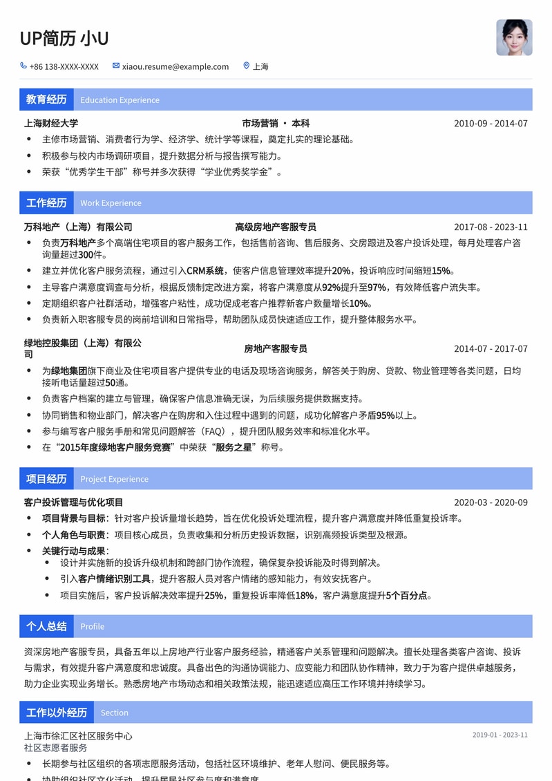 专业房地产客服专员简历模板：提升客户满意度，助您稳健发展简历模板预览