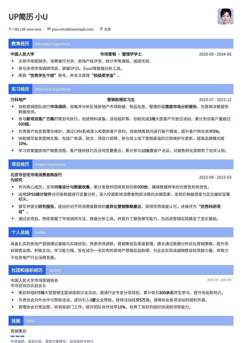 营销精英之选：房地产营销总监助理专业简历模板简历模板预览
