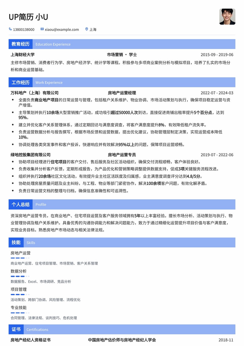 高效专业:房地产运营专员精选简历模板 - 助您驰骋地产职场简历模板预览
