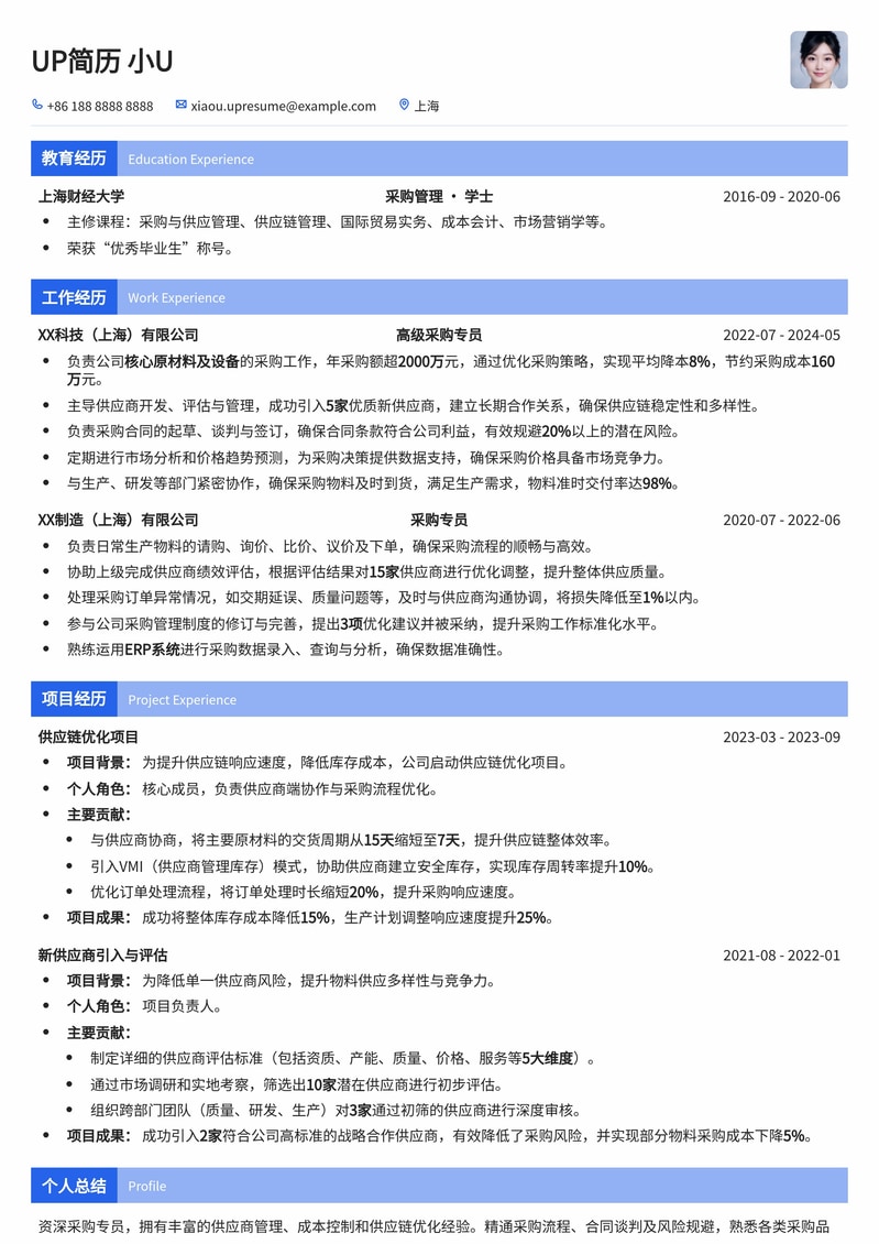 高效采购专员简历模板:精准匹配采购流程,助力职业发展简历模板预览
