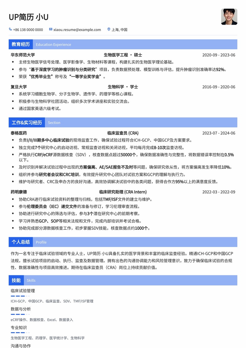 临床监查员 (CRA) 简历模板：高效展现医学背景与项目管理能力简历模板预览