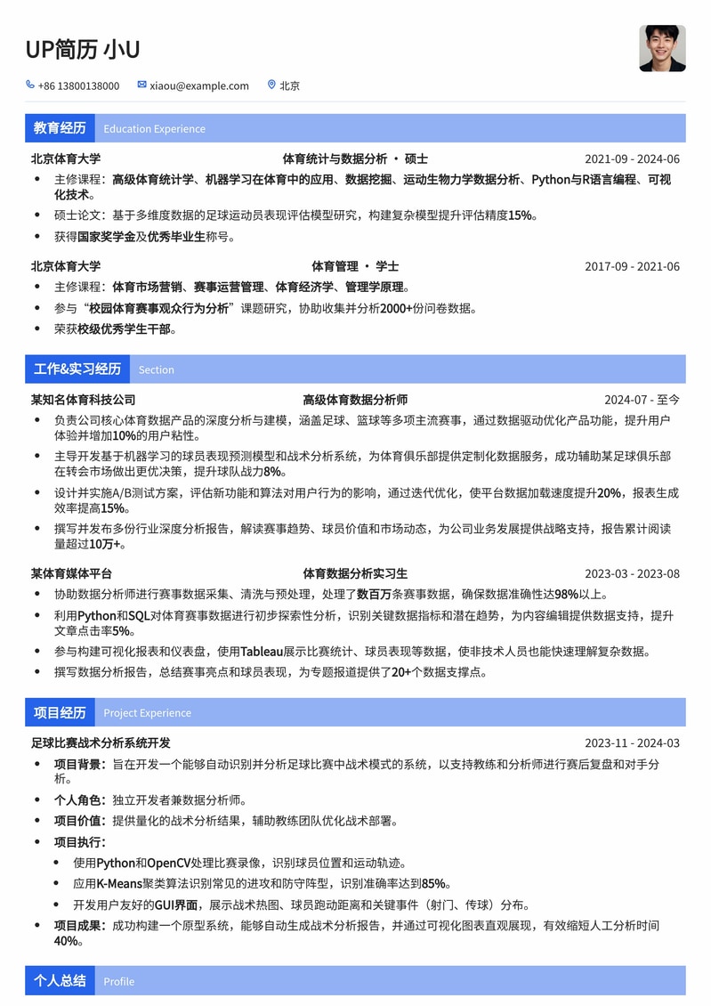 体育数据分析师精英简历模板：洞悉赛场，数据驱动制胜简历模板预览