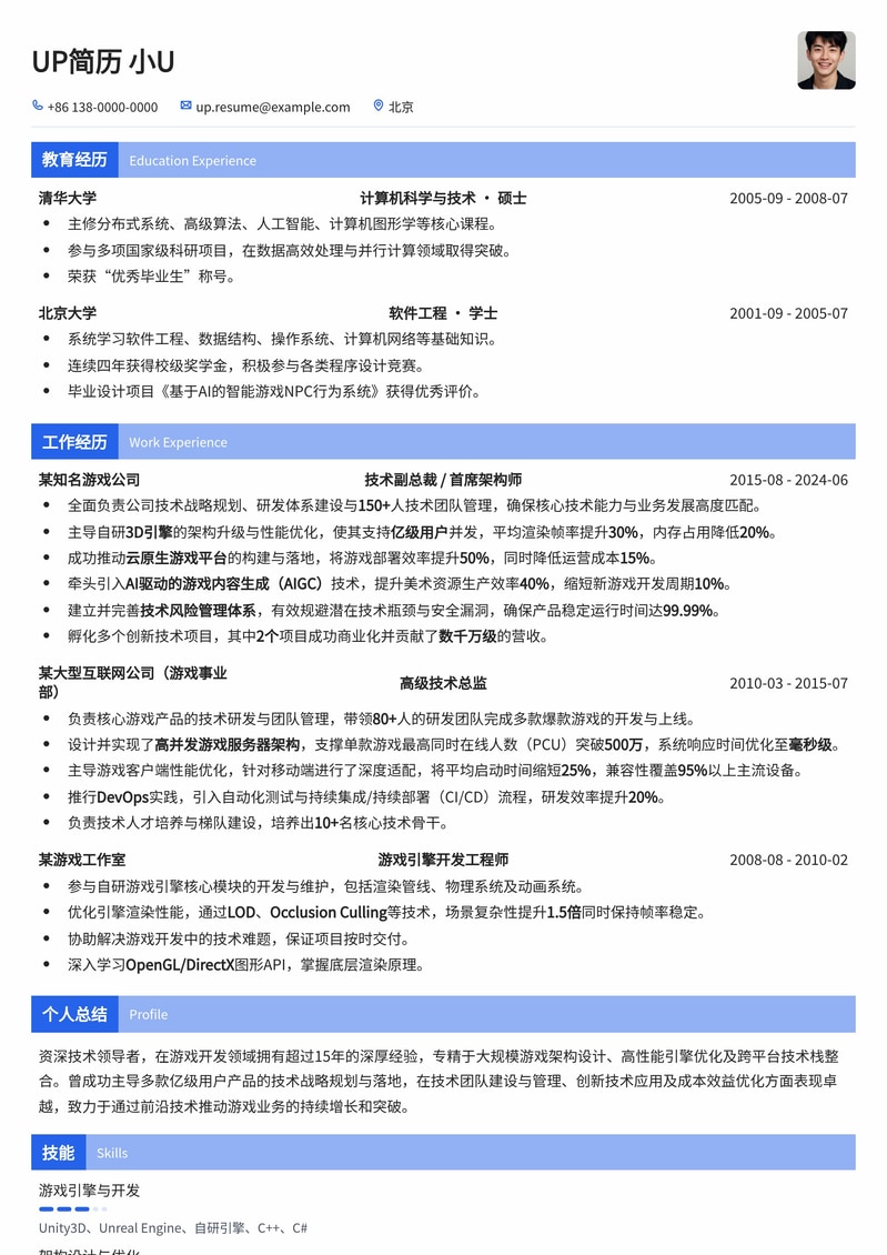 游戏公司首席技术官CTO简历模板：引领技术创新与战略增长简历模板预览