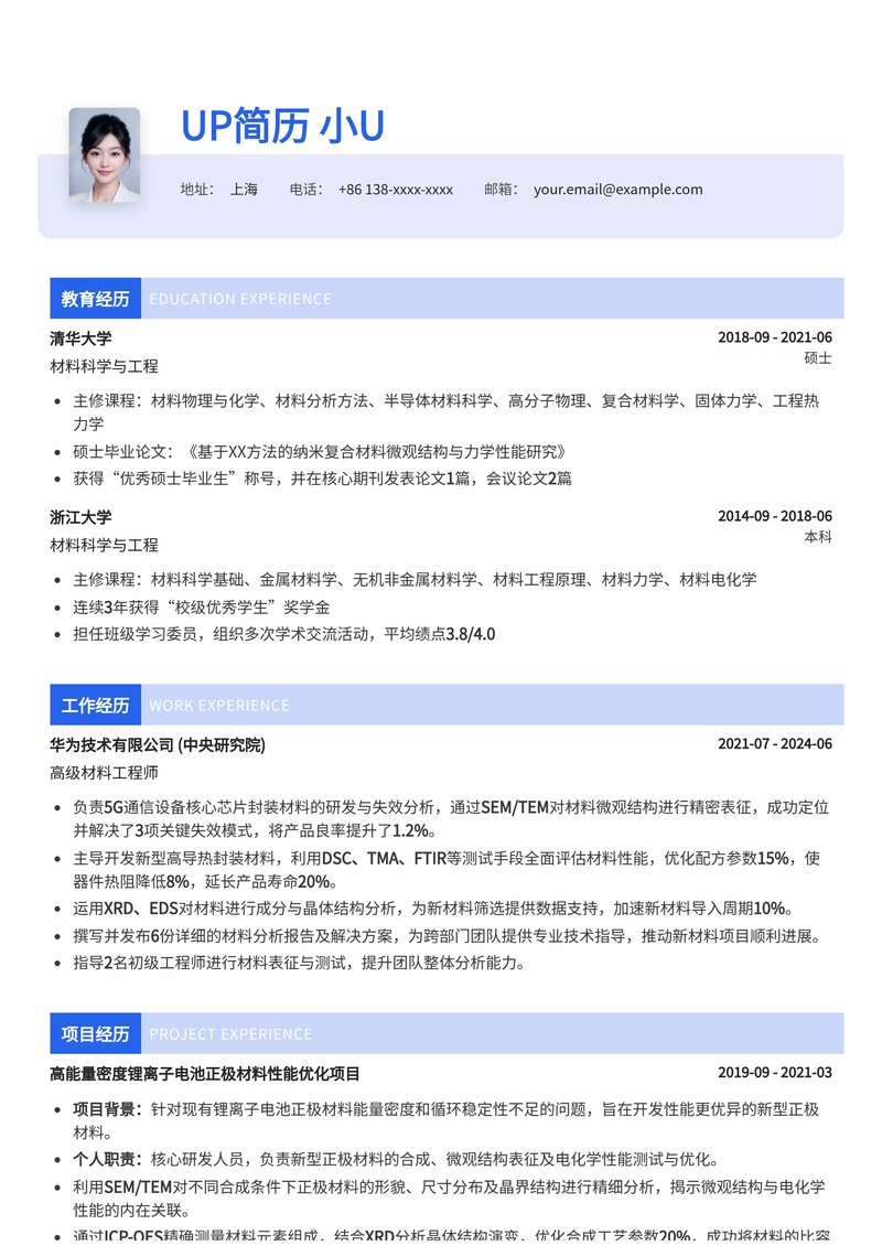 材料工程师简历模板：SEM/TEM显微镜分析与材料性能数据可视化简历模板预览