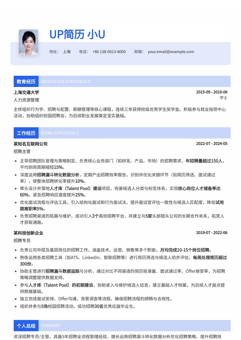 招聘专员/主管专业简历模板：精通漏斗转化分析与人才库建设简历模板预览