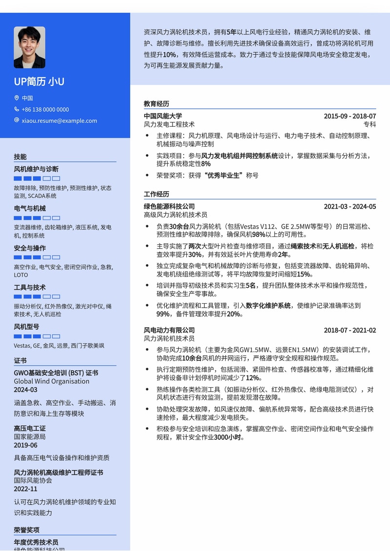 风力涡轮机技术员简历模板：高效呈现专业技能与实战经验简历模板预览