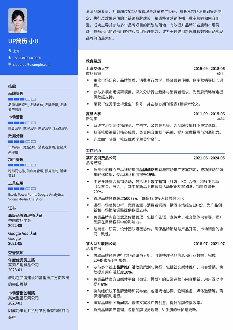专业品牌专员简历模板：助力您打造个人品牌，脱颖而出！简历模板预览