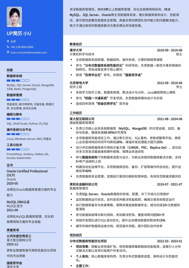 高效数据库管理员简历模板：技术专长与项目经验完美融合简历模板预览