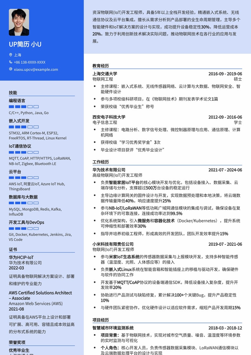 【技术前沿】物联网(IoT)开发工程师简历模板：助您抢占智能互联新高地简历模板预览