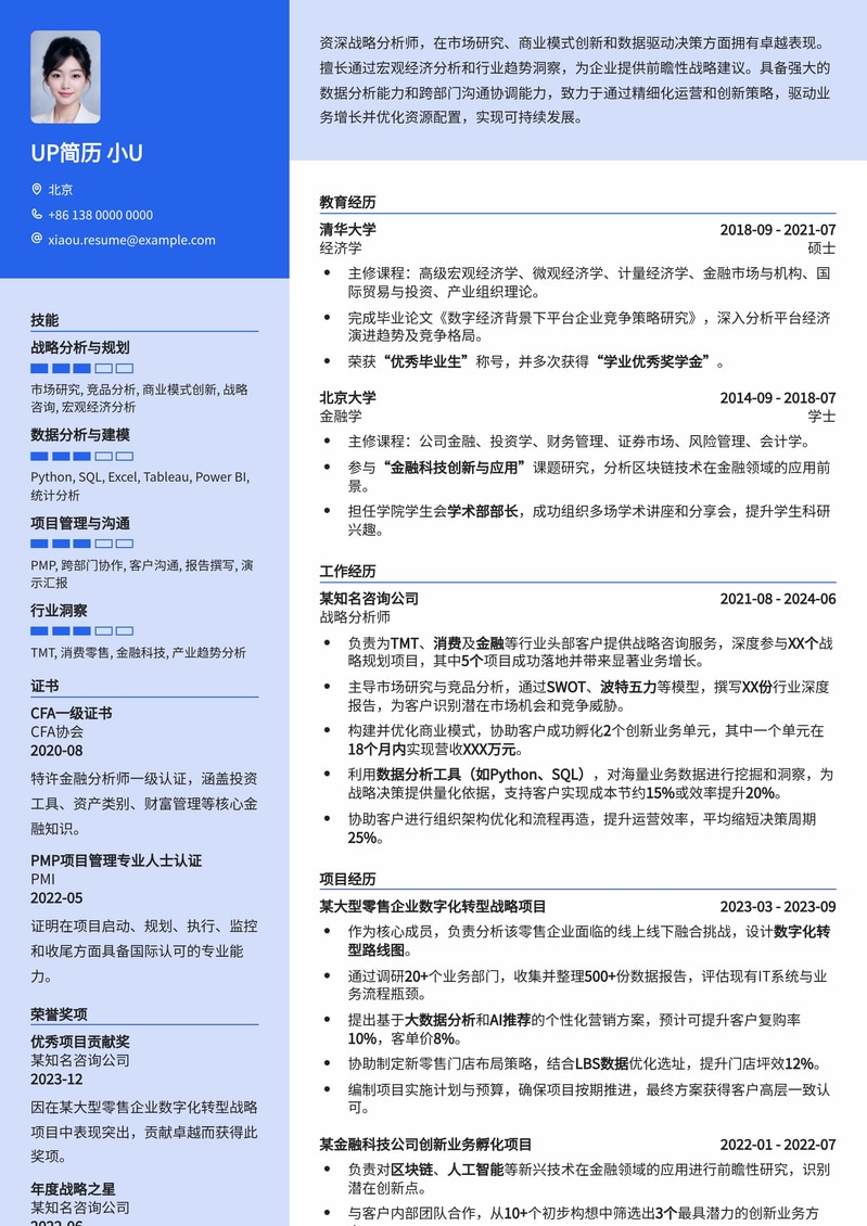 战略分析师专业简历模板：洞悉市场，决胜未来简历模板预览