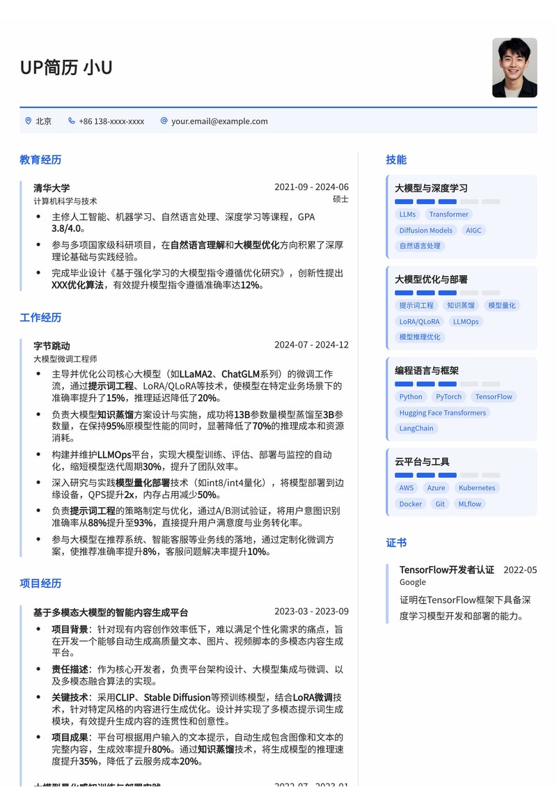 大模型微调工程(LLMOps)简历模板:内置提示词工程、知识蒸馏与模型量化部署工作流简历模板预览