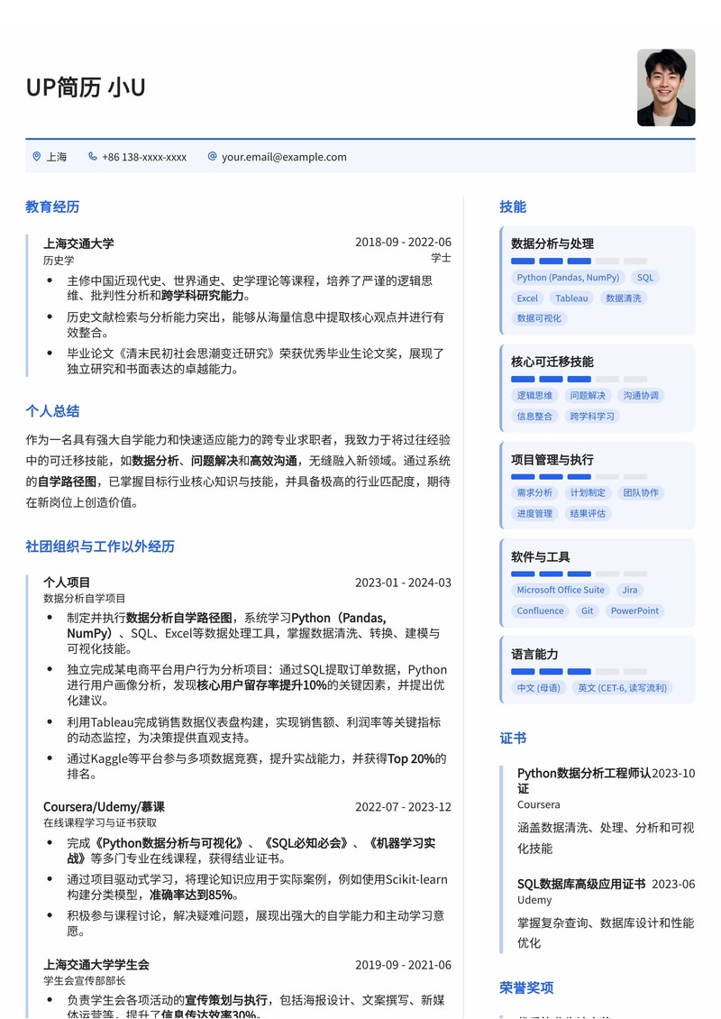 跨专业求职简历模板：突出可迁移技能、自学路径与行业匹配度简历模板预览