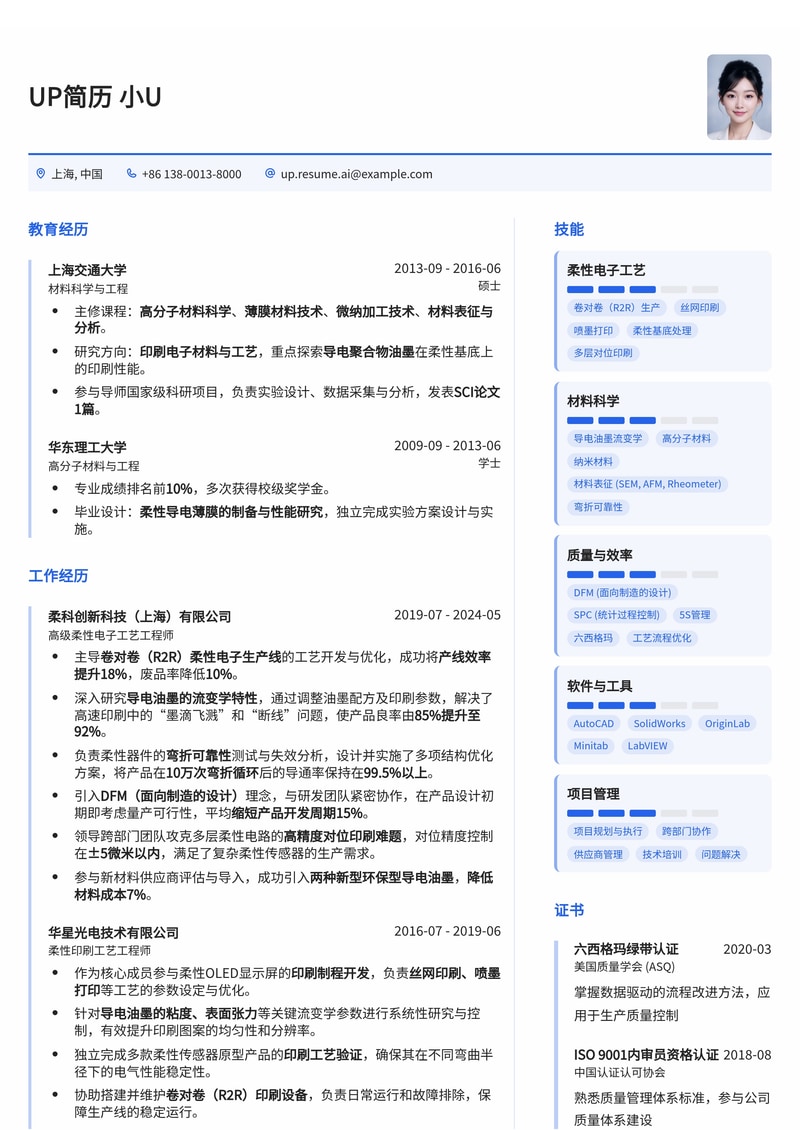 柔性电子印刷工艺简历模板：R2R生产、导电油墨流变学与弯折可靠性专家简历模板预览